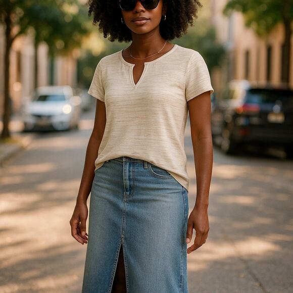 Old Navy Womens Top Size S Beige White Stripe Split Neck Knit Short Sleeve - Picture 3 of 9